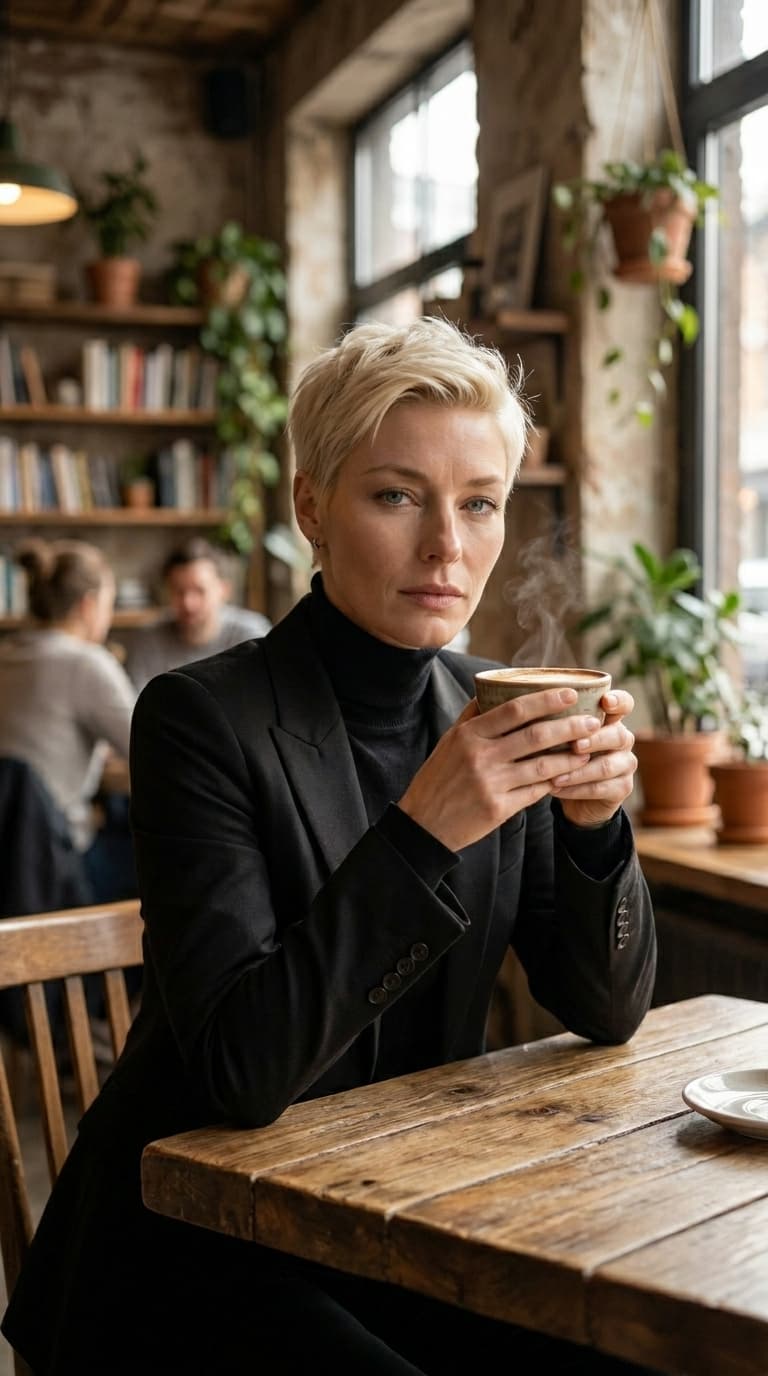 Nora Keld seduta a un tavolino di un caffè